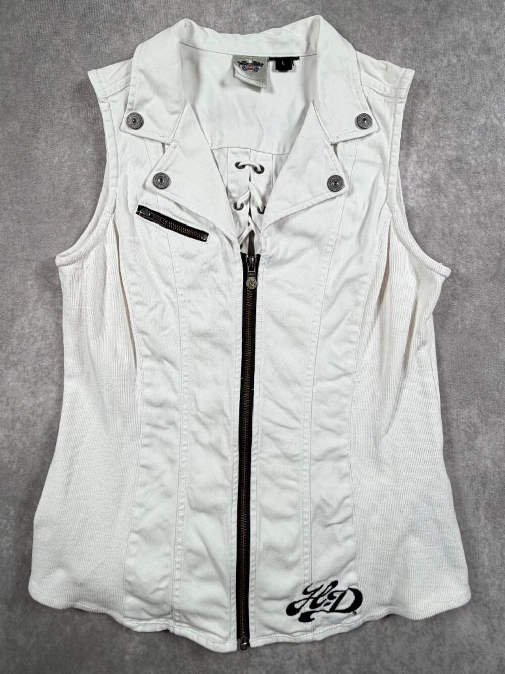 Harley-Davidson Womens Zip Front Lace Up Back Moto Vest Top Size L